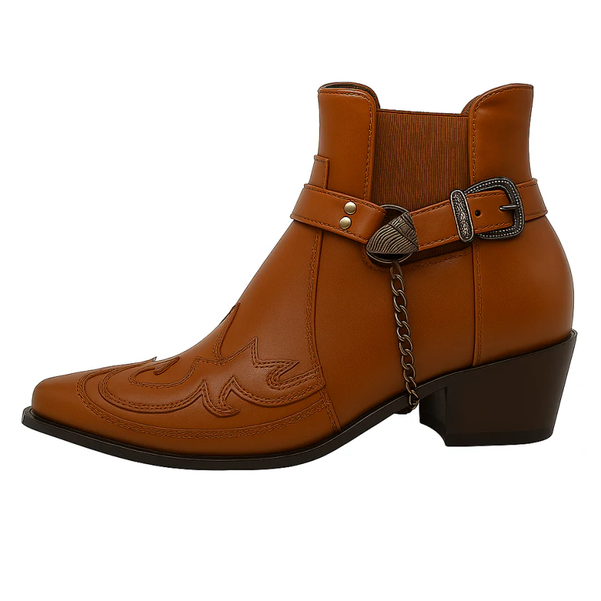 Herr Cowboyboots – Skinn – Ankelhöga – Spetsig Tå – Dekorsömmar Harnessdetalj
