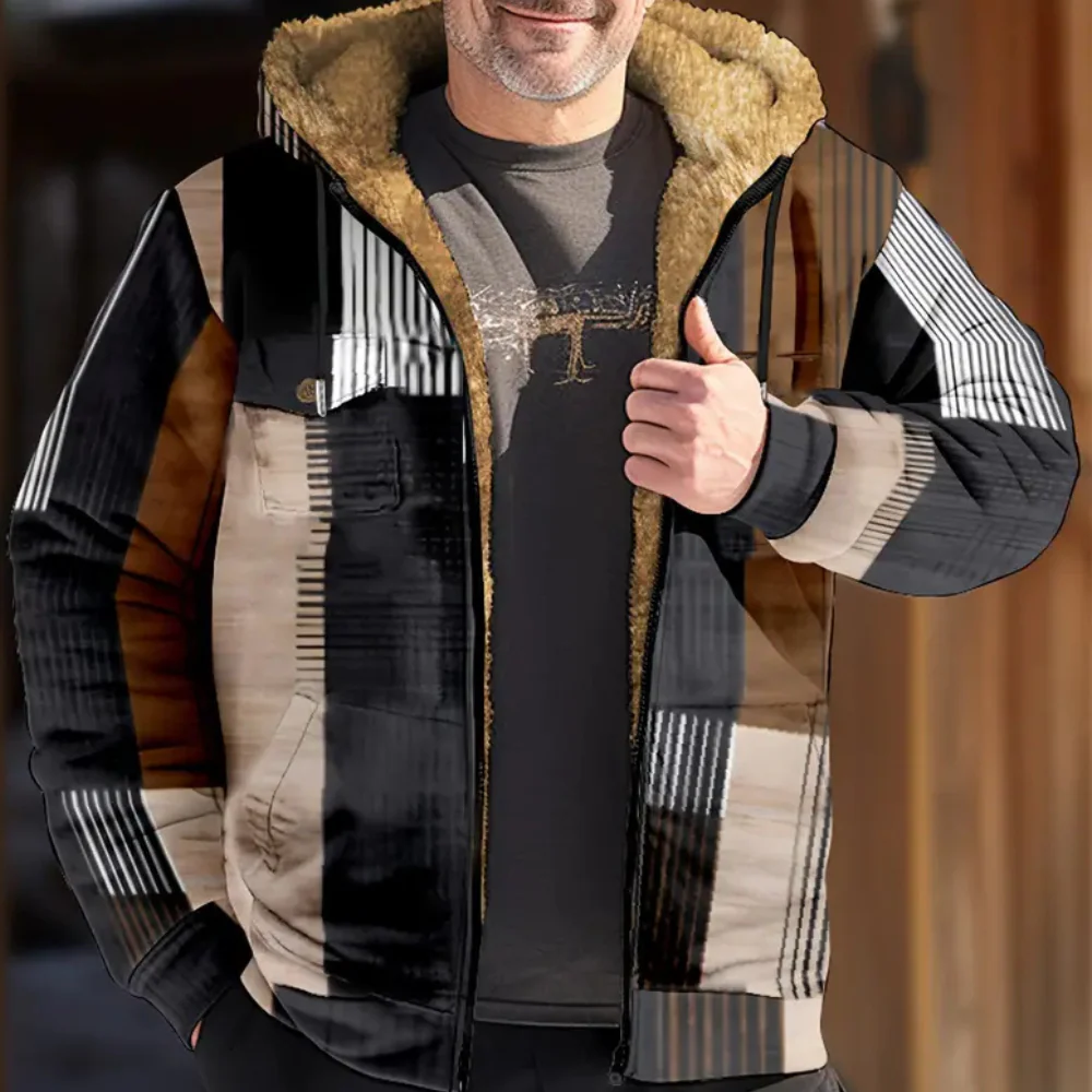 Herr Jacka – Regular Fit – Sherpafoder – Hel Dragkedja – Geometriskt Mönster – Huva
