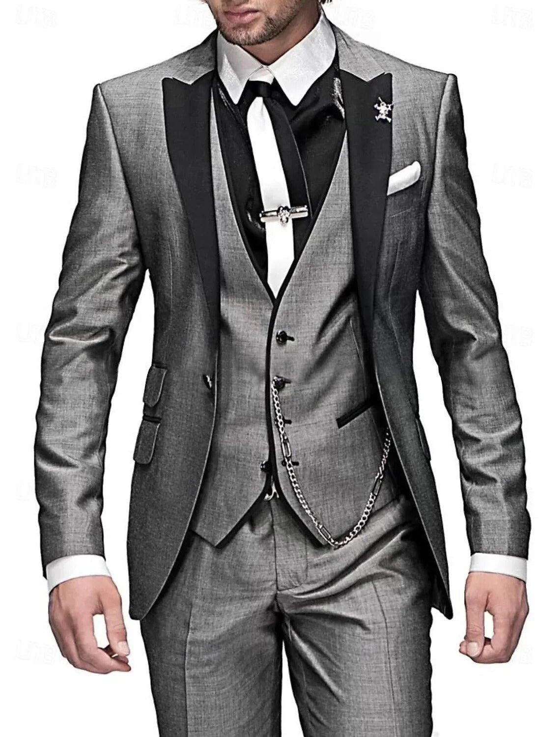 Herrkostym 3-delad – Slim Fit – Ullblandning – Kavaj med Notchkrage – Formell Look