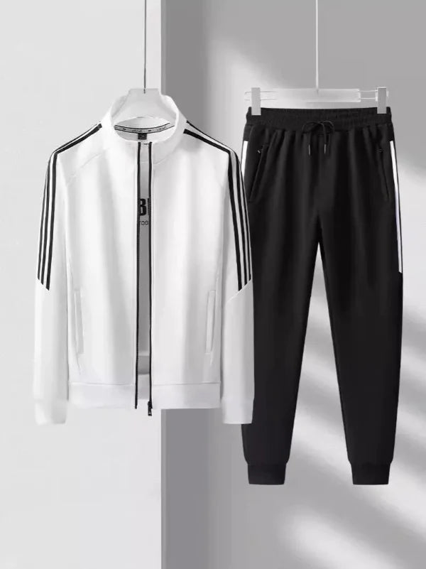 Herr Träningsdress – Regular Fit – Hög Krage – Taperade Byxor – Randdetalj