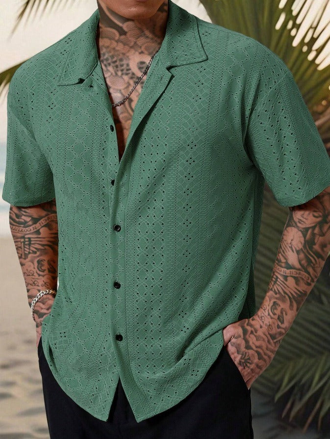 Herrskjorta – Regular Fit – Kort ärm – Cotton – Ihålig jacquarddesign