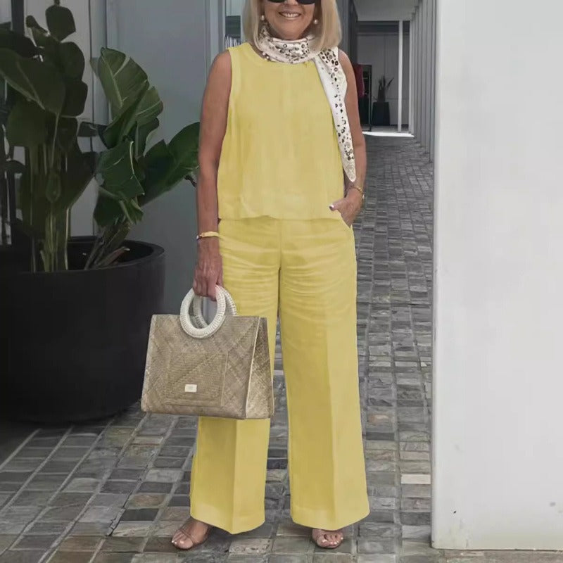 Damset – Ärmös Topp och Vida Byxor – Avslappnad Passform – Linne Bomull – Fickor