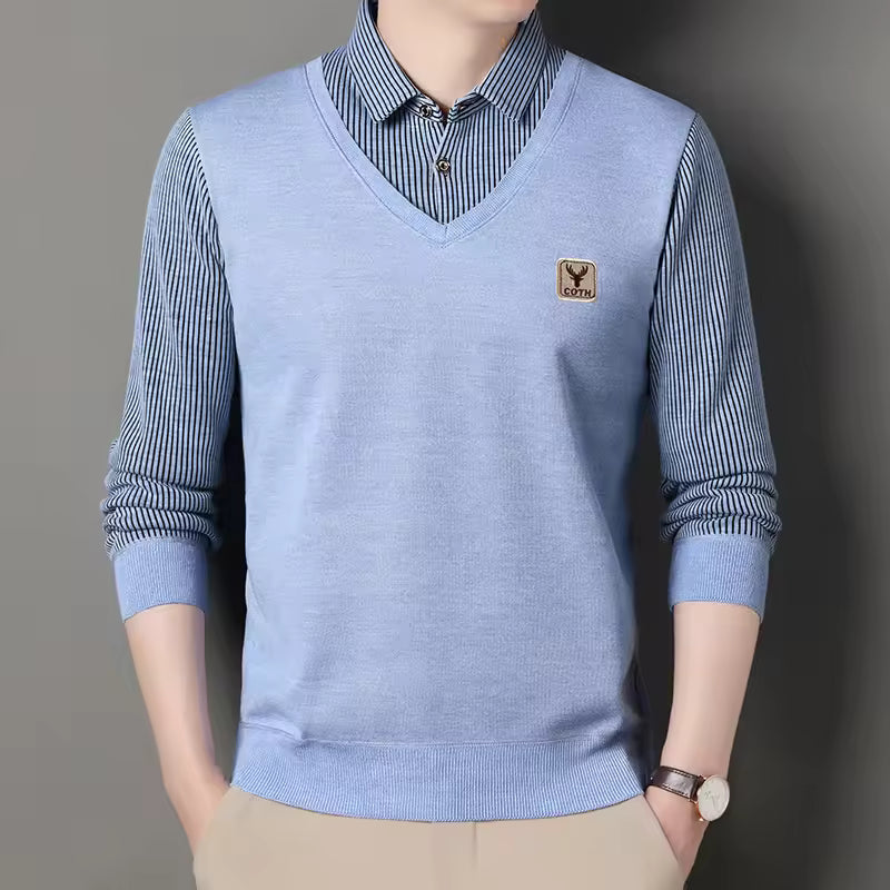 Herr Sweatshirt – Slim Fit – Stickad – V-ringad Lager-på-Lager Look – Rutmönstrade Ärmar