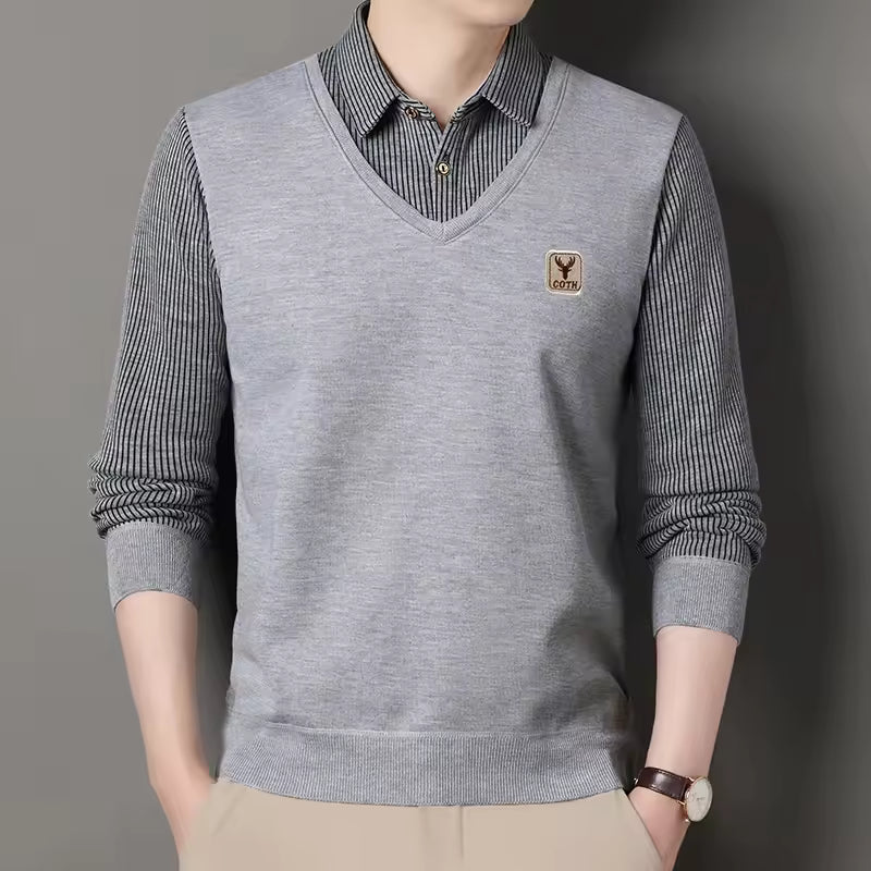 Herr Sweatshirt – Slim Fit – Stickad – V-ringad Lager-på-Lager Look – Rutmönstrade Ärmar