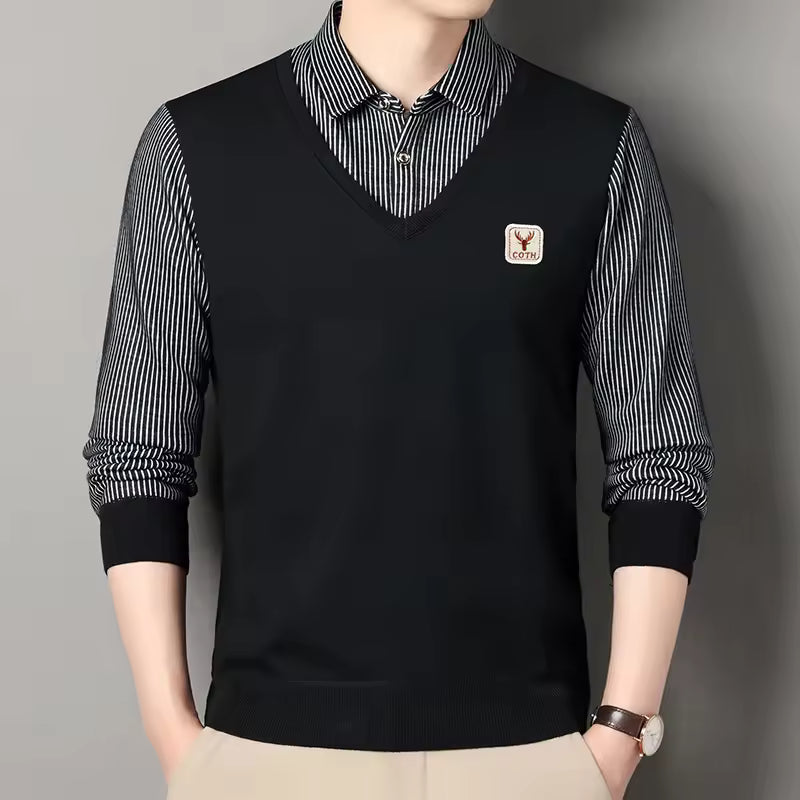 Herr Sweatshirt – Slim Fit – Stickad – V-ringad Lager-på-Lager Look – Rutmönstrade Ärmar