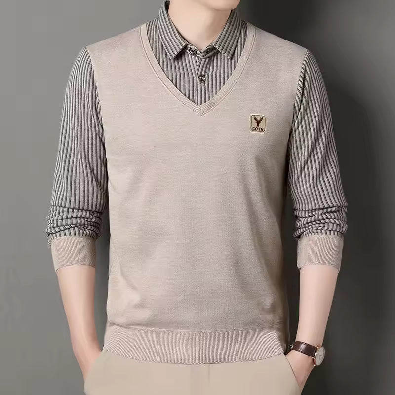 Herr Sweatshirt – Slim Fit – Stickad – V-ringad Lager-på-Lager Look – Rutmönstrade Ärmar