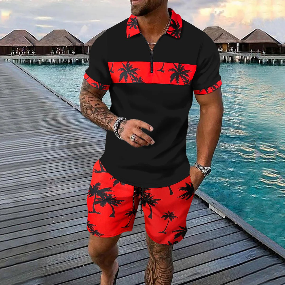 Herrset med pikétröja med dragkedja – Regular fit – Tropiskt mönster – Shorts med dragsko