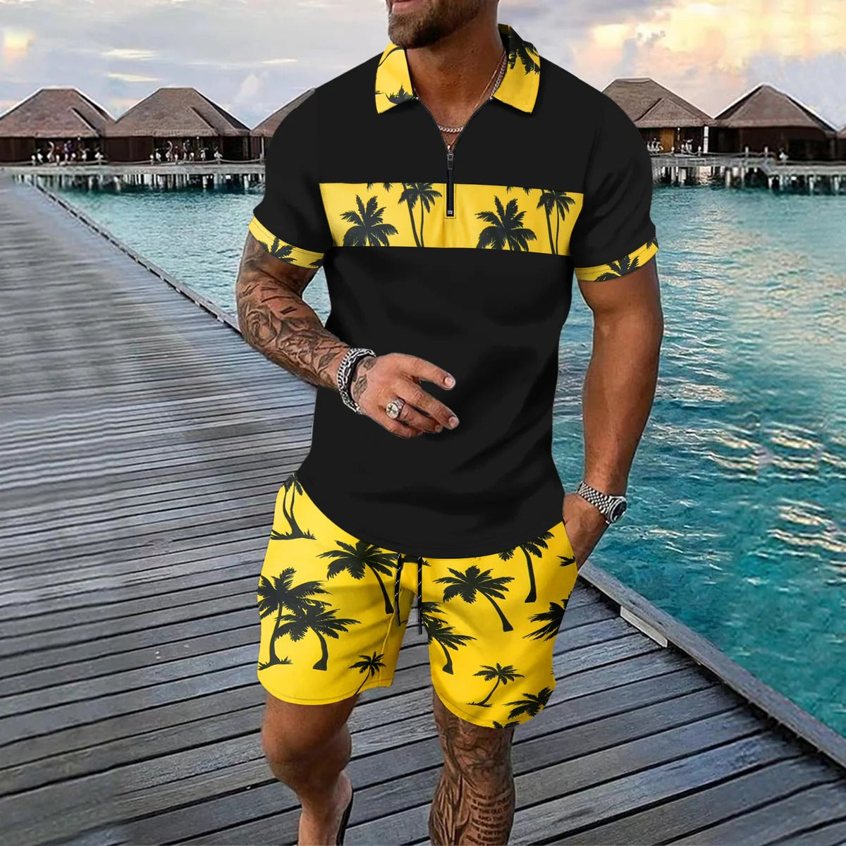 Herrset med pikétröja med dragkedja – Regular fit – Tropiskt mönster – Shorts med dragsko