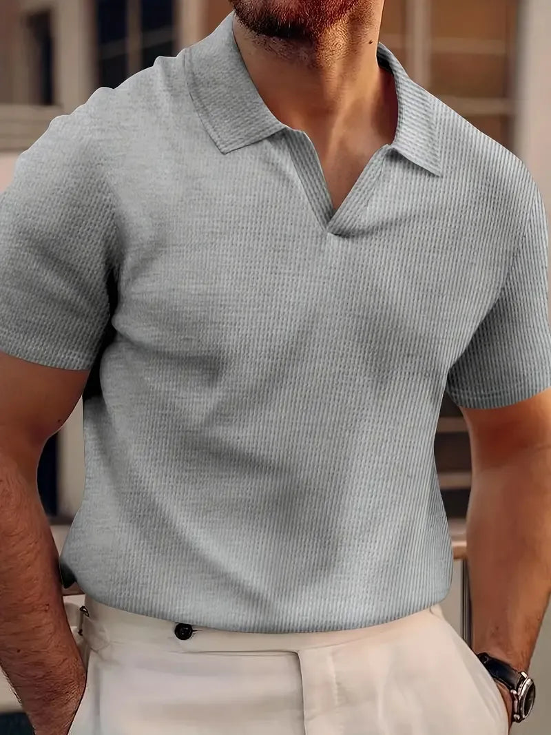 Herrpikétröja – Slim Fit – V-ringning – Waffle-stickning – Kort ärm
