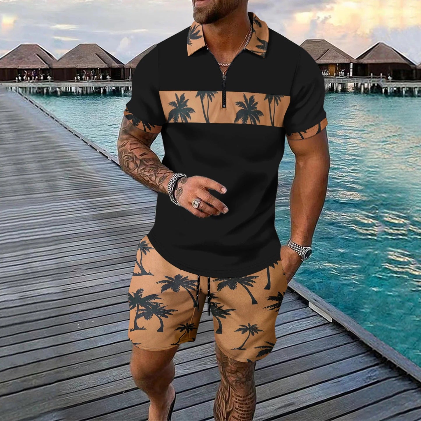 Herrset med pikétröja med dragkedja – Regular fit – Tropiskt mönster – Shorts med dragsko
