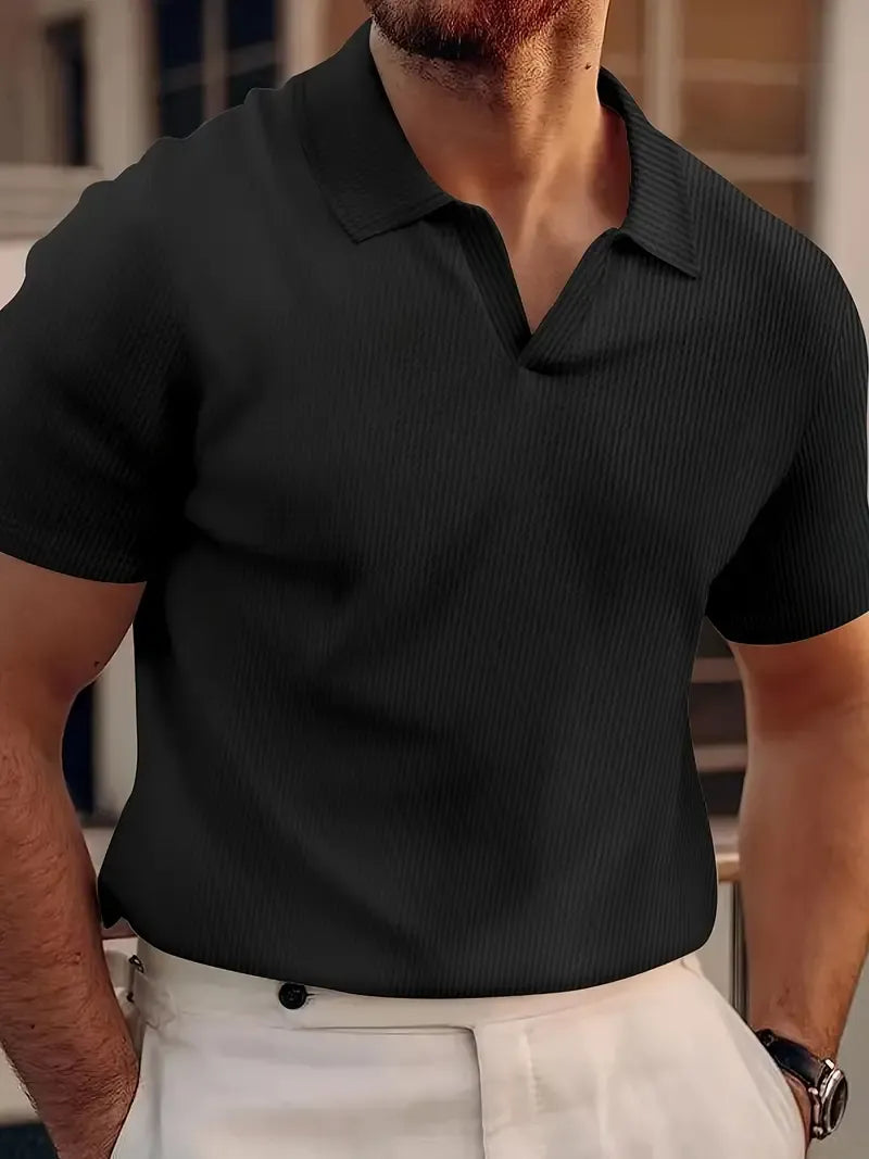 Herrpikétröja – Slim Fit – V-ringning – Waffle-stickning – Kort ärm