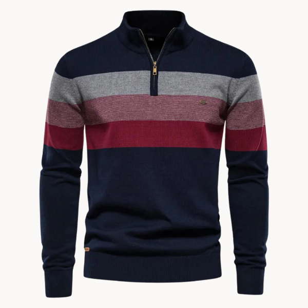 Herrtröja – Slim Fit – Ullmix Stickad – Kvartsdragkedja – Randigt Bröstparti