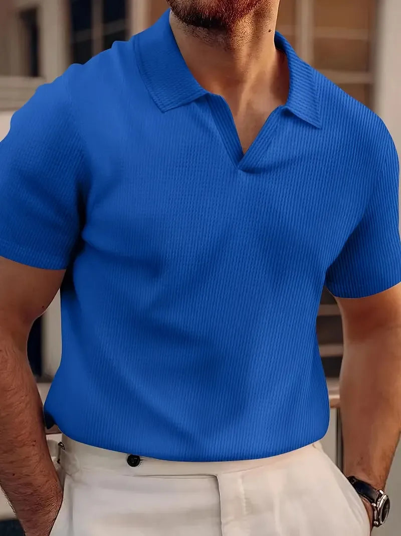 Herrpikétröja – Slim Fit – V-ringning – Waffle-stickning – Kort ärm