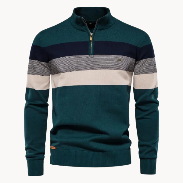 Herrtröja – Slim Fit – Ullmix Stickad – Kvartsdragkedja – Randigt Bröstparti