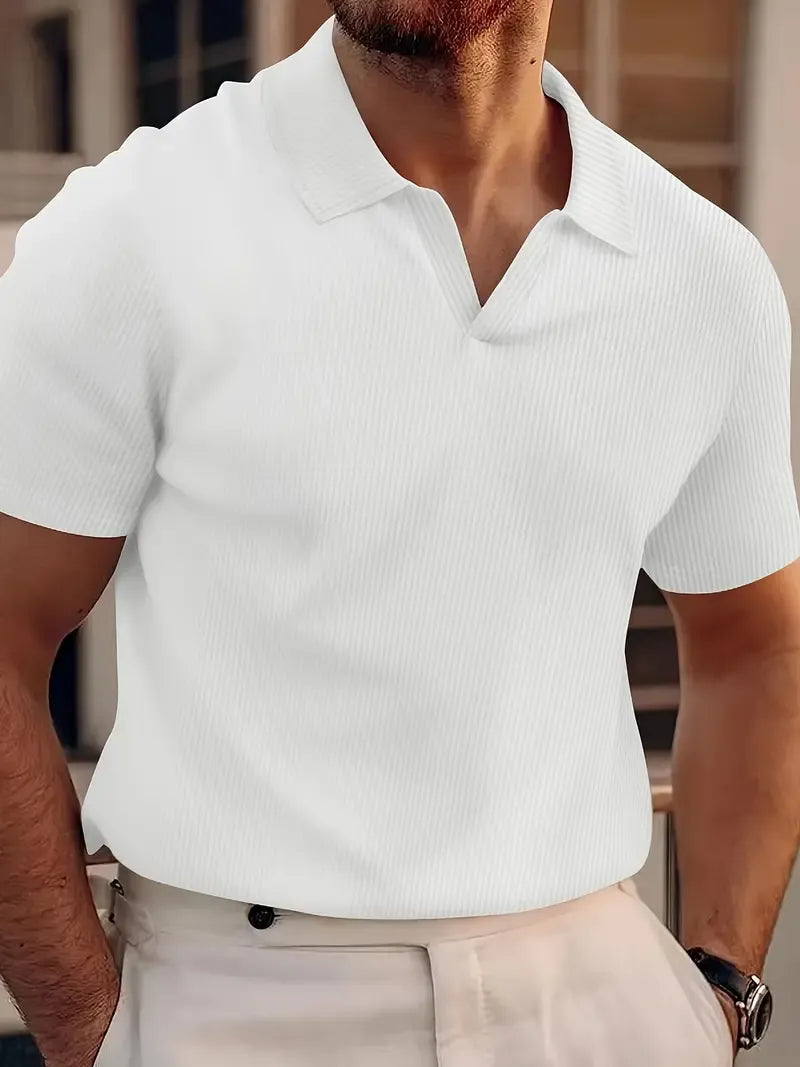 Herrpikétröja – Slim Fit – V-ringning – Waffle-stickning – Kort ärm