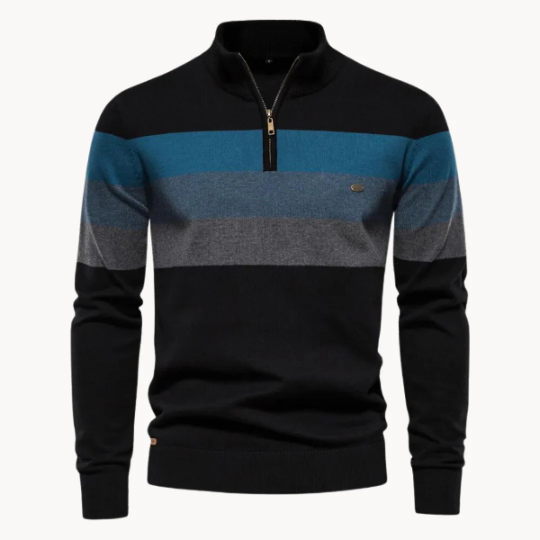 Herrtröja – Slim Fit – Ullmix Stickad – Kvartsdragkedja – Randigt Bröstparti