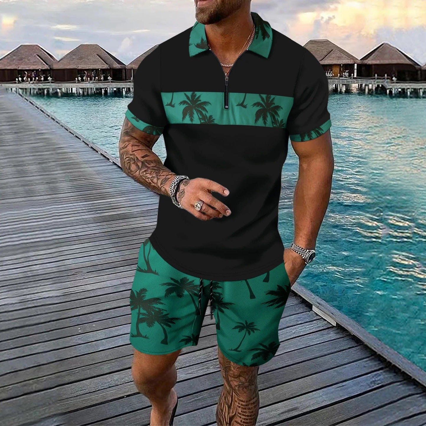 Herrset med pikétröja med dragkedja – Regular fit – Tropiskt mönster – Shorts med dragsko