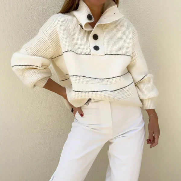 Damtröja – Oversize Passform – Ullmix – Hög Hals med Knappslå – Randig Stickad