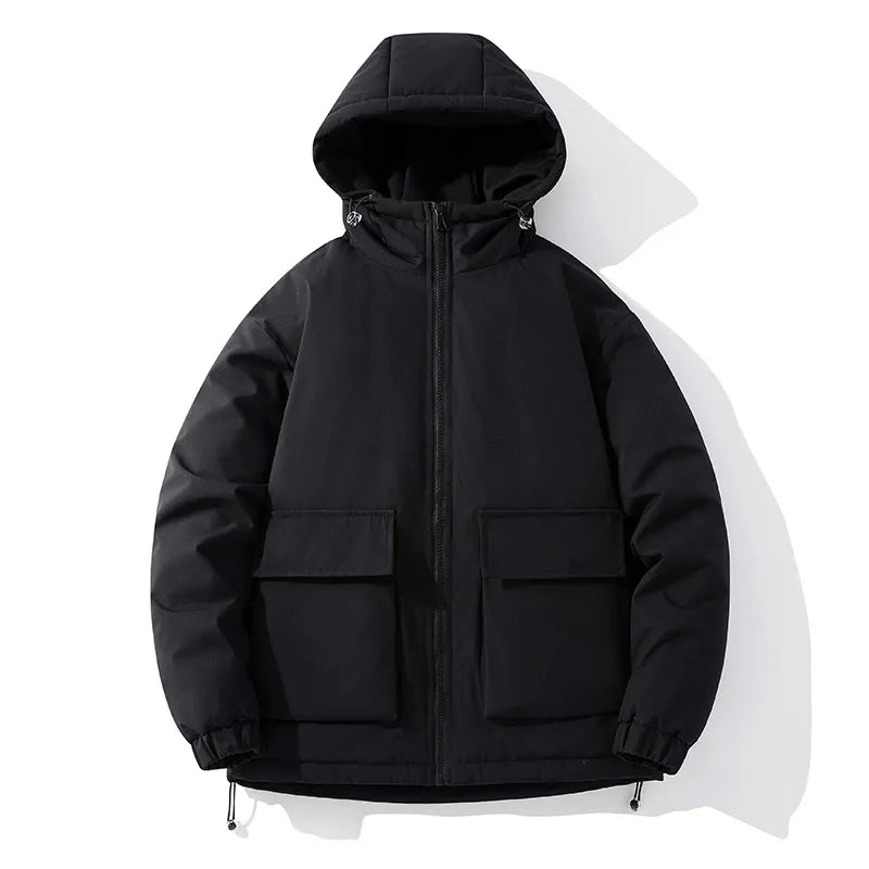 Herrjacka Med Huva – Vadderad – Oversized Passform – Dragkedja – Fickor Med Flik