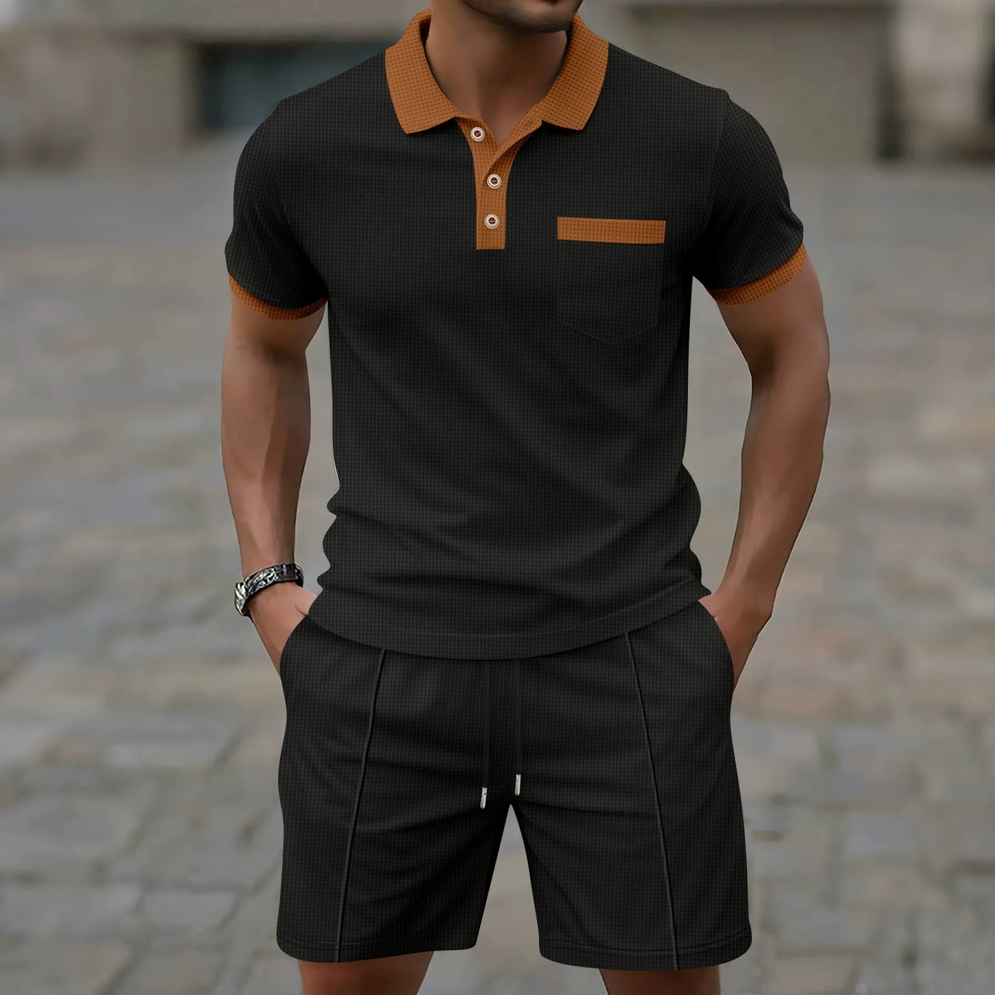 Herrset med pikétröja och shorts – Slim Fit – Andningsbart – Halv knapp – Bröstficka