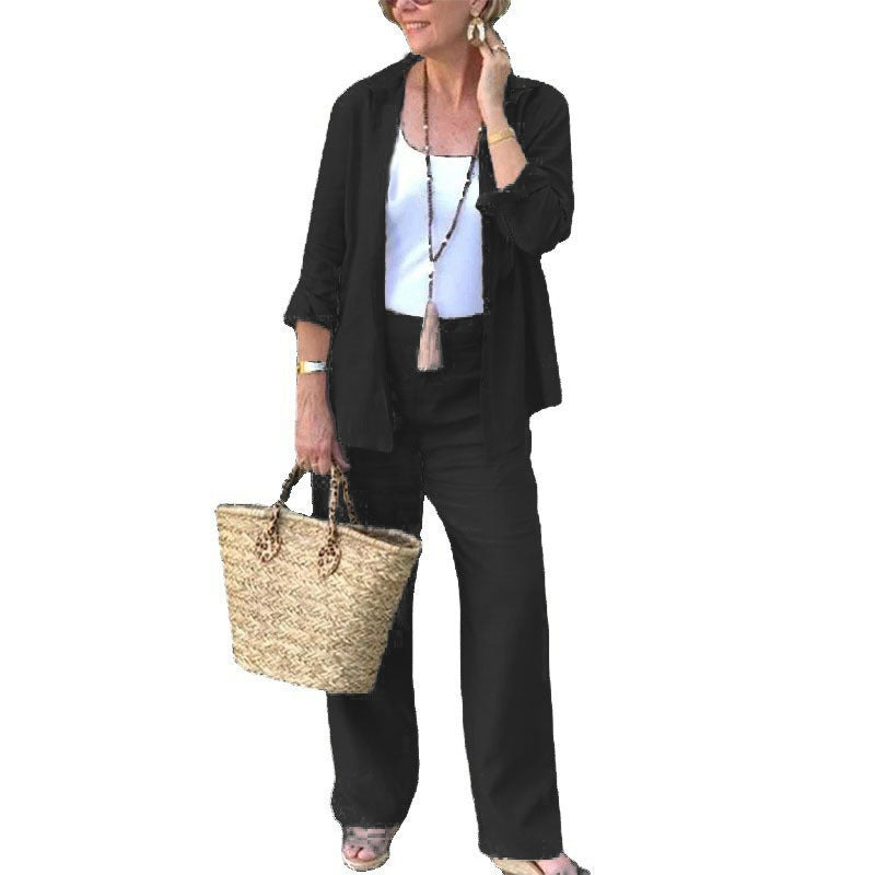 Damset med öppen skjorta – Avslappnad passform – Vida byxor – Linne