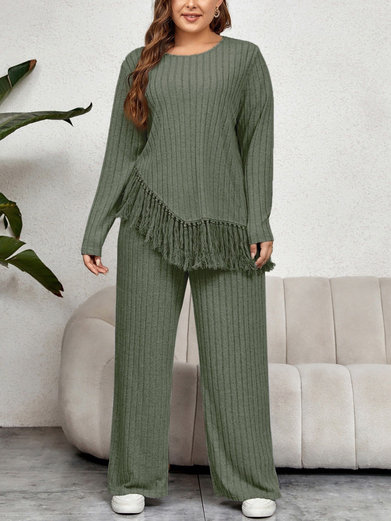 Dam Lounge Set – Oversized Passform – Ribbad Stickning – Fransdetalj – Vida Ben