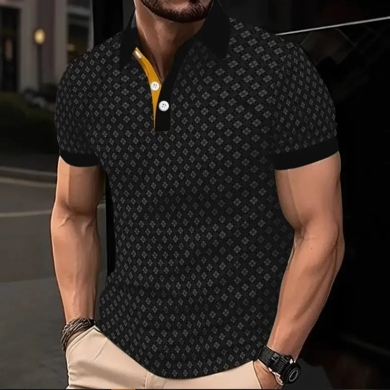 Herrpikétröja – Slim Fit – Bomull – 3D-mönster – Kort ärm