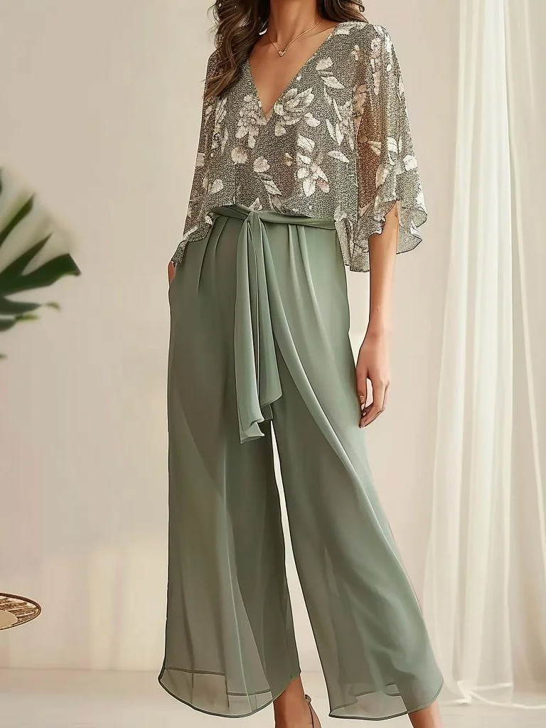 Damset – Tvådelad Loose Fit – V-ringad Topp – Vida Byxor – Andningsbar Mix