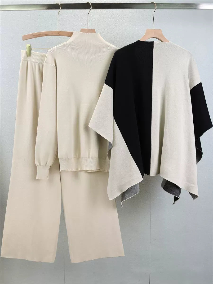 Dam Set med Stickad Mock Neck Tröja – Vida Byxor – Öppen Cape – Avslappnad Passform