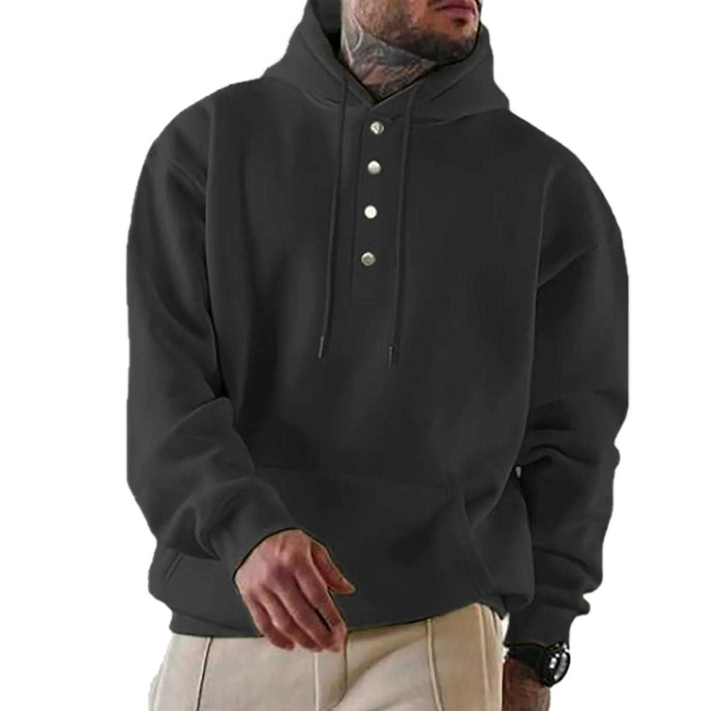 Herrhoodie – Avslappnad passform – Fleece-textur – Knappslå – Justerbar huva