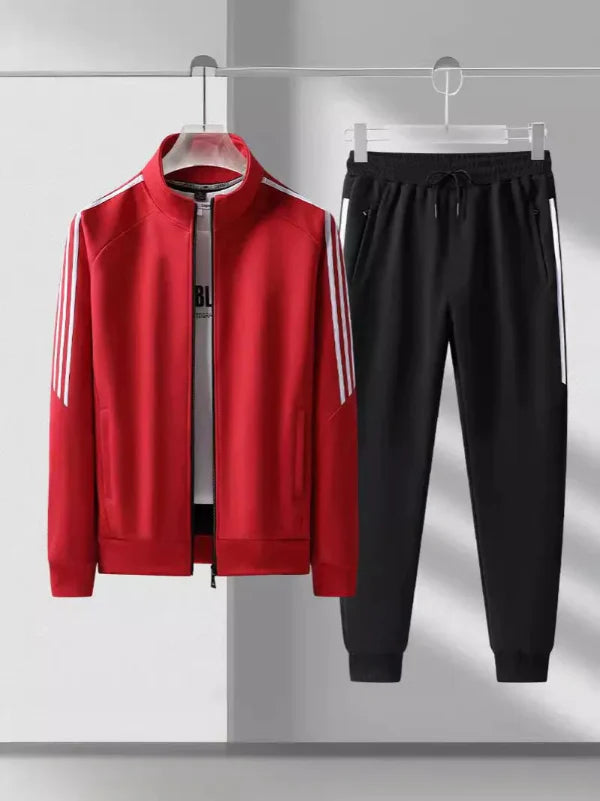 Herr Träningsdress – Regular Fit – Hög Krage – Taperade Byxor – Randdetalj
