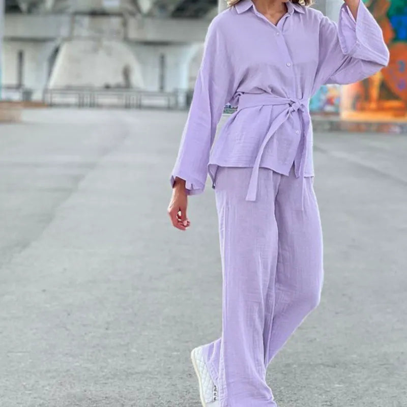 Dam Lounge Set – Oversize Passform – Knäppt Skjorttop – Vida Byxor – Linne