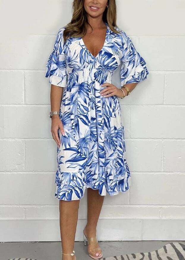 Damklänning midi – Lös passform – Hög midja – V-ringning – Blommig – Volangärm – Bomullskänsla