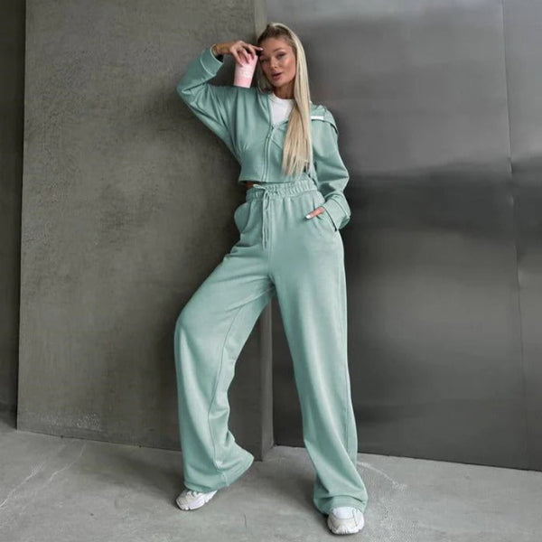 Dam Lounge Set – Hoodie med Dragkedja – Vida Byxor – Mjuk Bomullsblandning