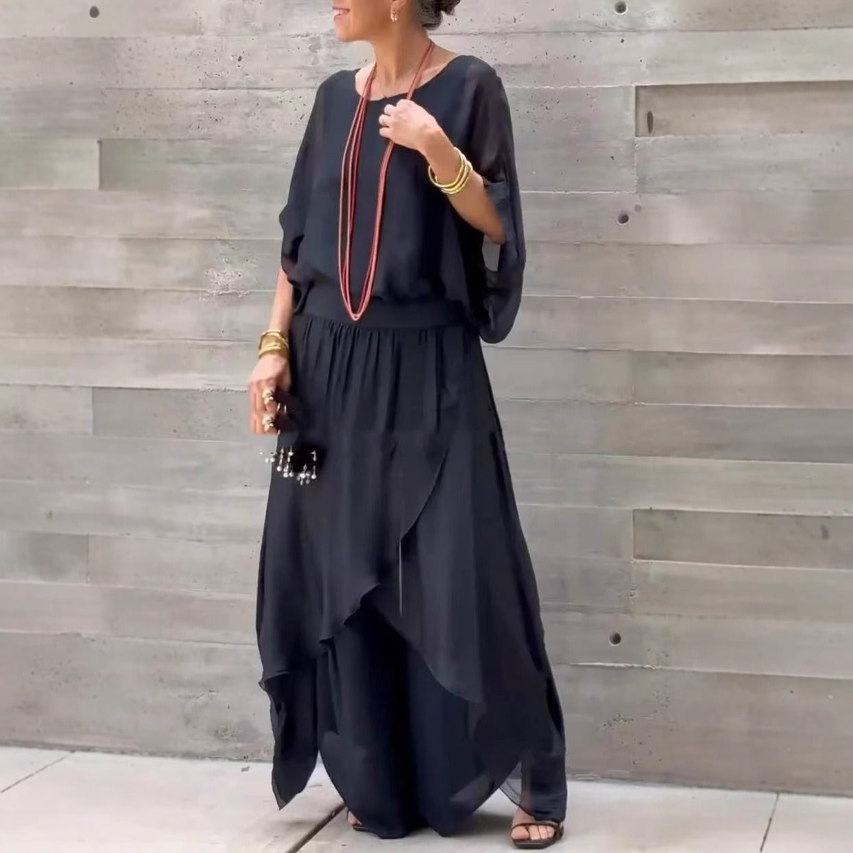 Dam Set med Topp och Byxor – Chiffon – Lös Passform – Vida Byxor med Slits