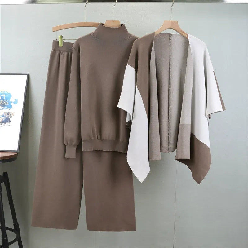 Dam Set med Stickad Mock Neck Tröja – Vida Byxor – Öppen Cape – Avslappnad Passform