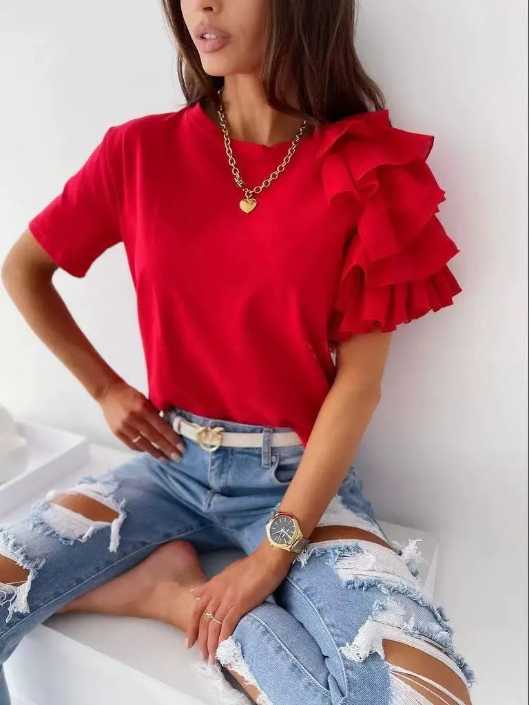 Dam T-shirt – Avslappnad Passform – Asymmetrisk Volang – Kort Ärm – Bomullsblandning