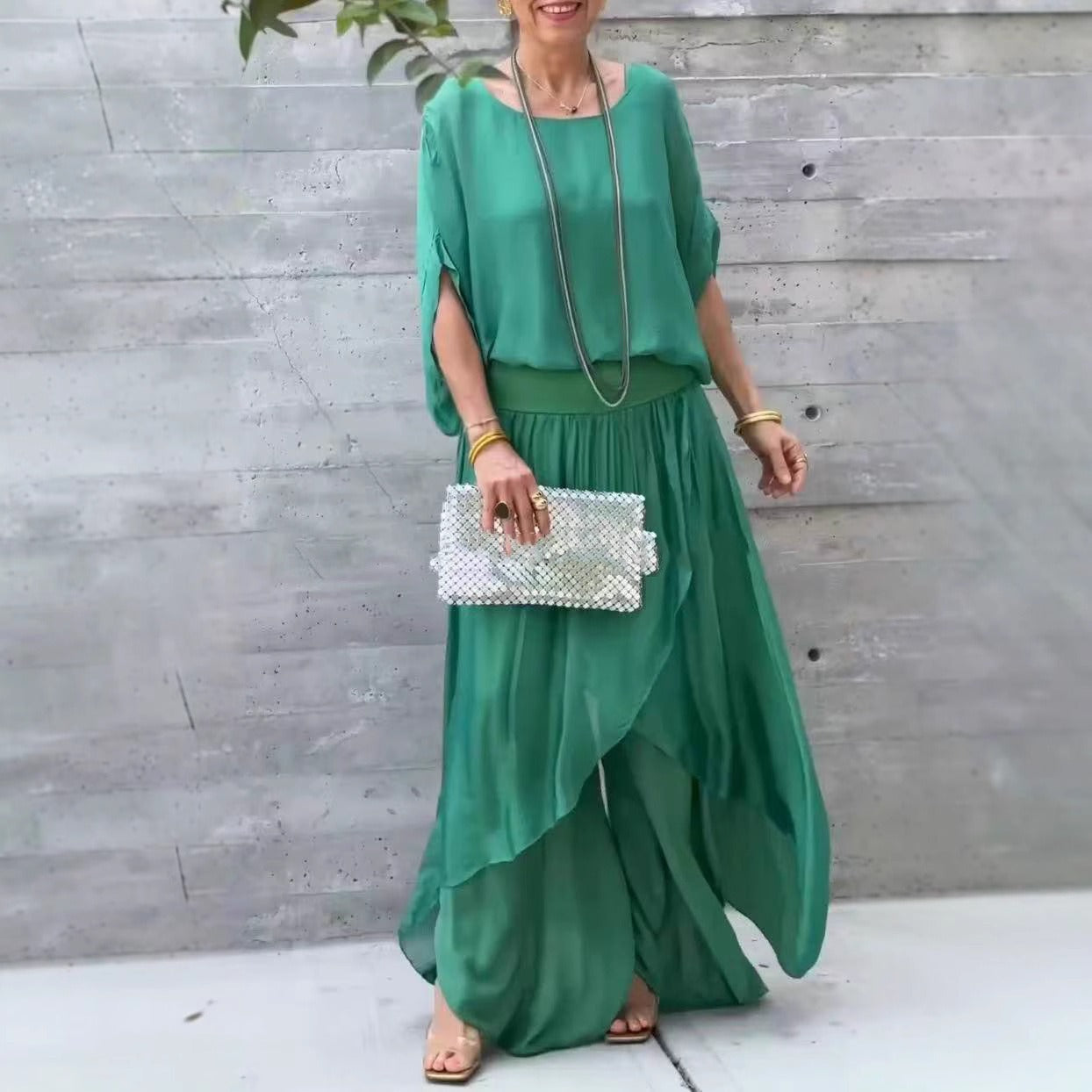 Dam Set med Topp och Byxor – Chiffon – Lös Passform – Vida Byxor med Slits