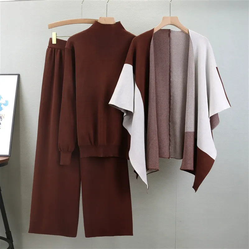 Dam Set med Stickad Mock Neck Tröja – Vida Byxor – Öppen Cape – Avslappnad Passform