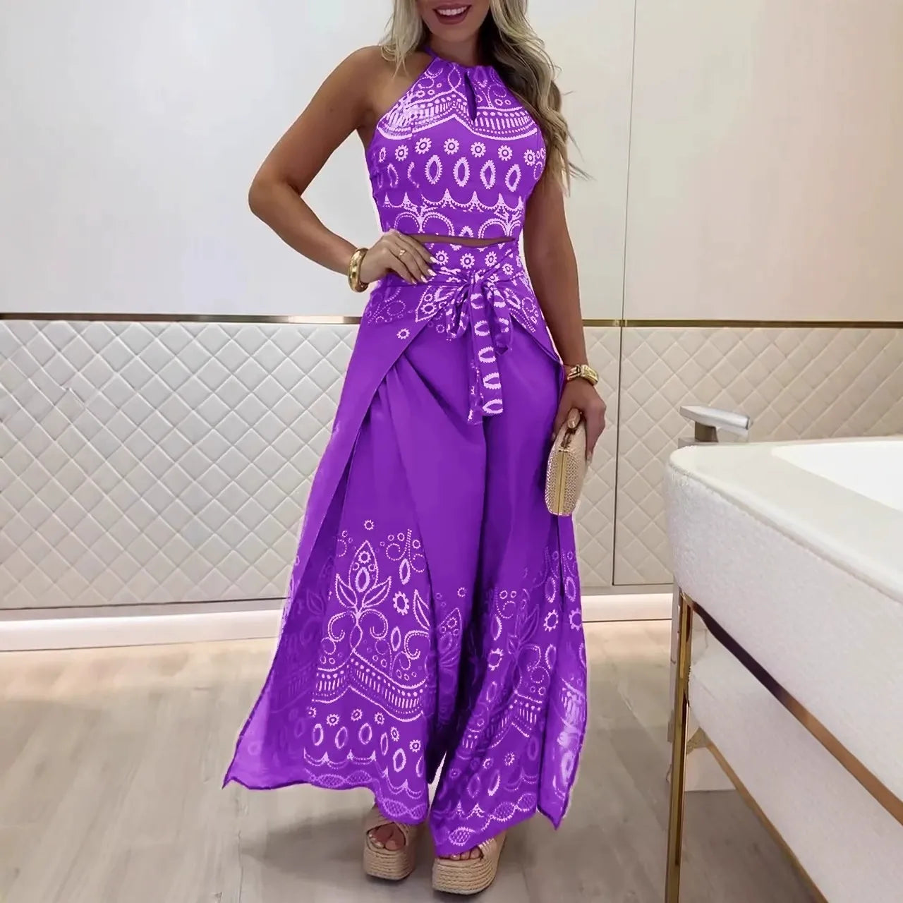 Damset med haltertop och vida byxor – Bomull – Retrotryck – Knytskärp – Kort topp