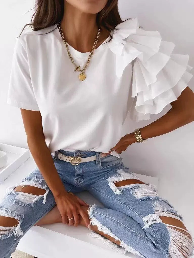 Dam T-shirt – Avslappnad Passform – Asymmetrisk Volang – Kort Ärm – Bomullsblandning