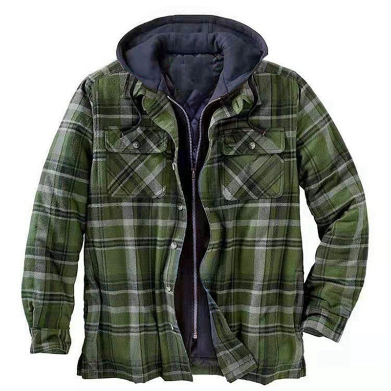 Herr Skjortjacka – Avslappnad Passform – Flanell – Quiltad Fodring – Huva – Dragkedja