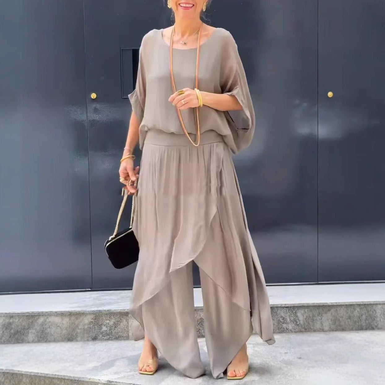 Dam Set med Topp och Byxor – Chiffon – Lös Passform – Vida Byxor med Slits