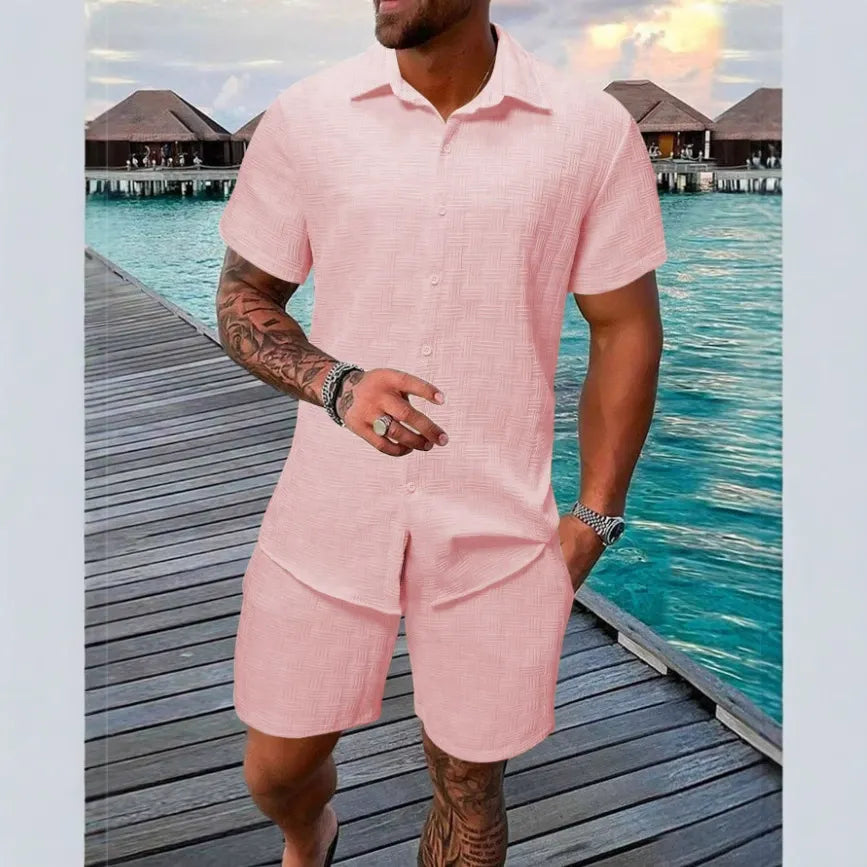 Herr Set med Kortärmad Skjorta och Shorts – Jacquard – Avslappnad Passform