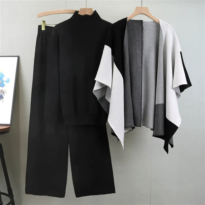 Dam Set med Stickad Mock Neck Tröja – Vida Byxor – Öppen Cape – Avslappnad Passform