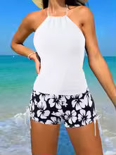 Dam Tankiniset – Halterneck Topp – Figurnära Passform – Blommiga Knytshorts