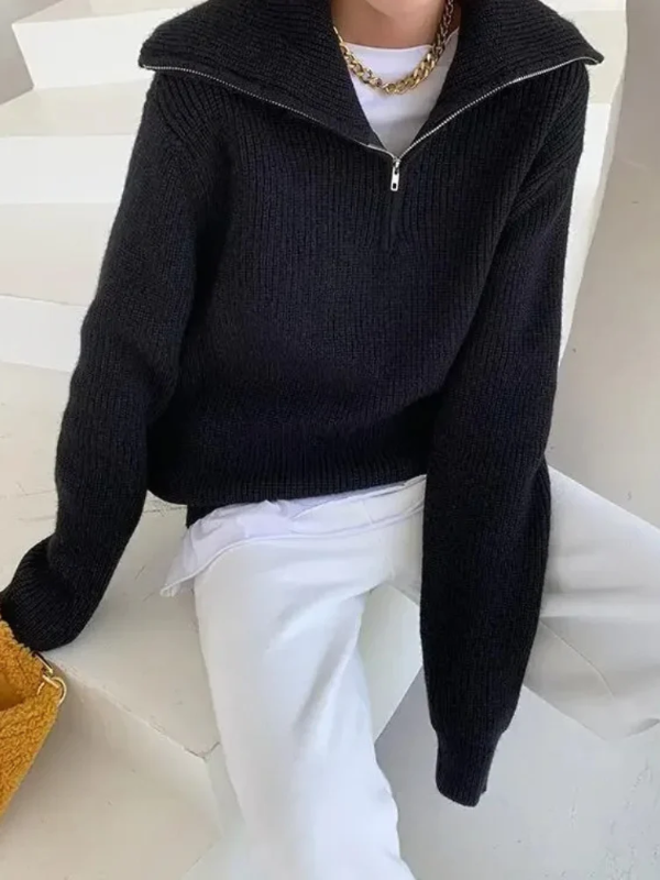 Damtröja – Ull – Avslappnad Passform – Hög Krage med Dragkedja – Ribbade Detaljer