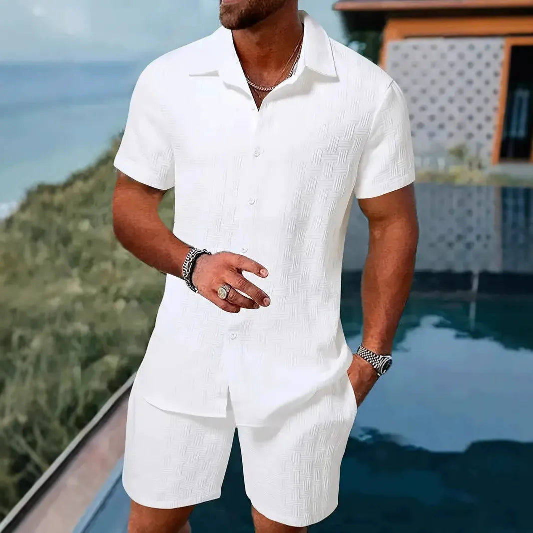 Herr Set med Kortärmad Skjorta och Shorts – Jacquard – Avslappnad Passform