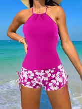 Dam Tankiniset – Halterneck Topp – Figurnära Passform – Blommiga Knytshorts