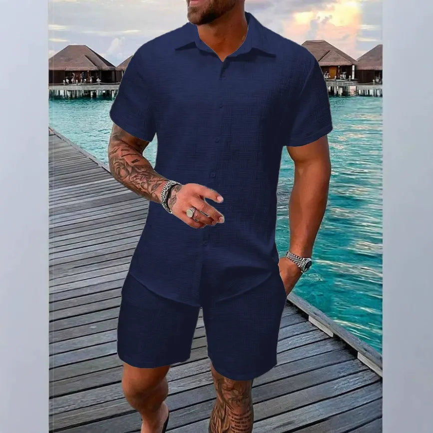 Herr Set med Kortärmad Skjorta och Shorts – Jacquard – Avslappnad Passform